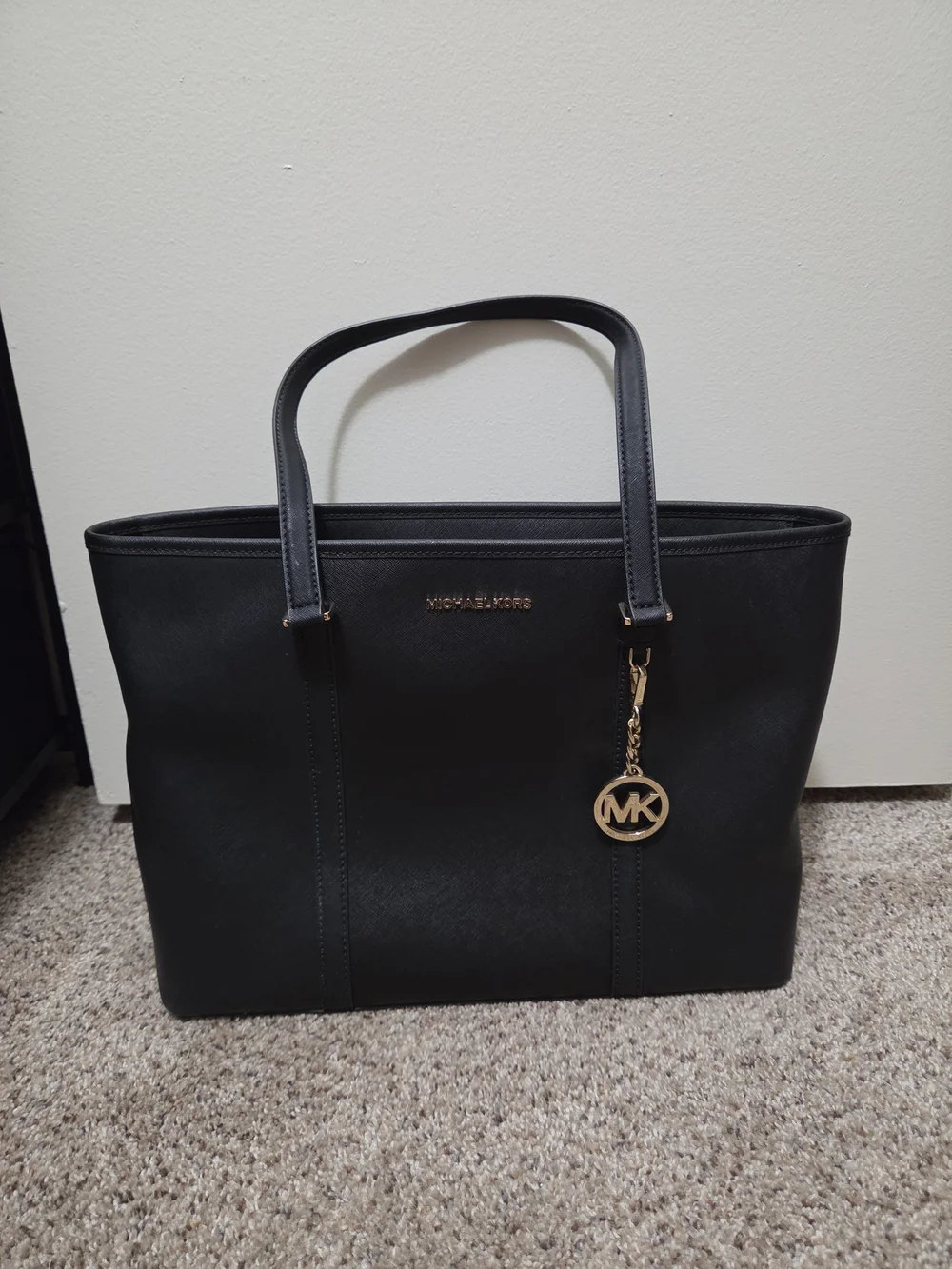 Michael Kors Black Saffiano Leather Tote with Gold MK Charm